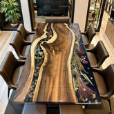 Luxury Live Edge Black Walnut Epoxy Resin Table with Botanical Inlay Handcrafted 10-Seater Statement Piece